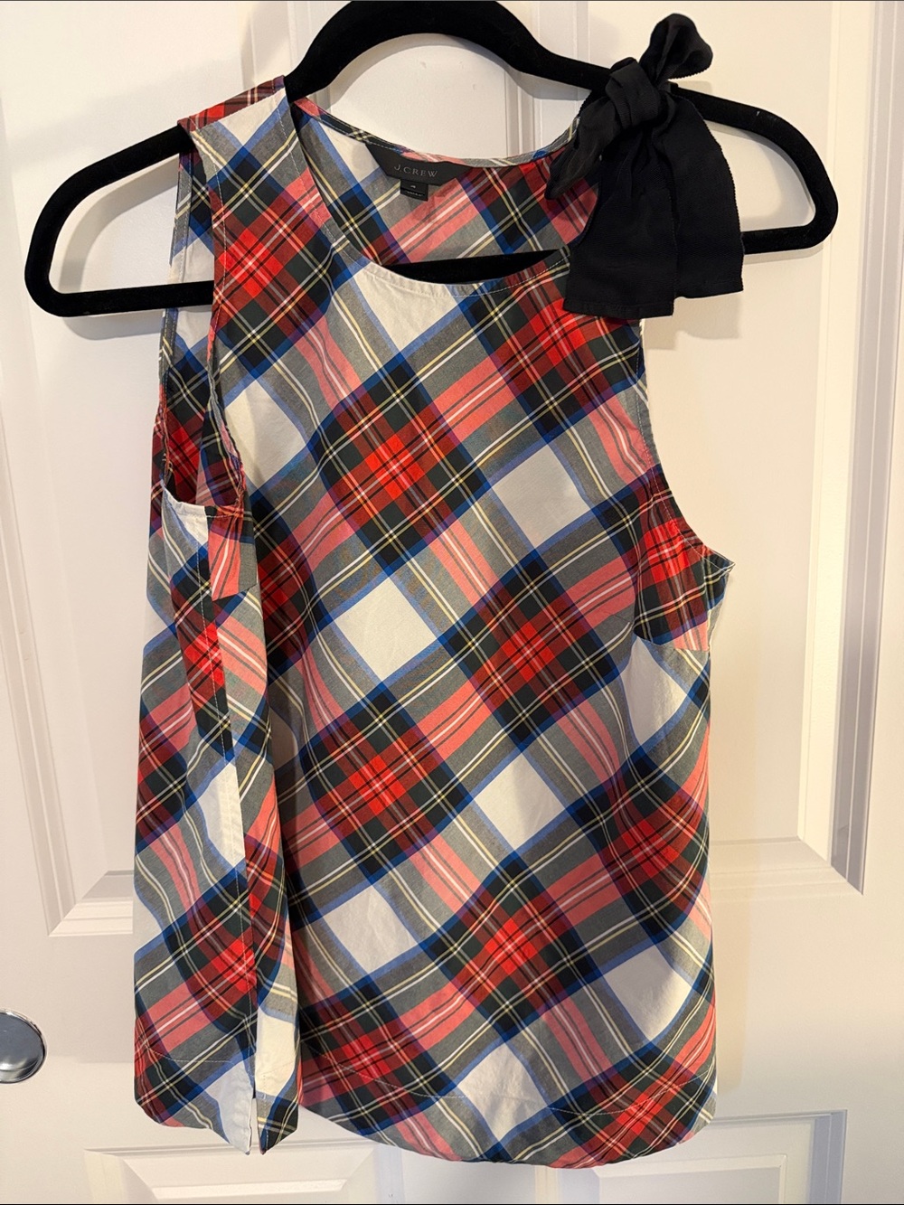 J. Crew Plaid Tank Top with Black Bow Shoulder